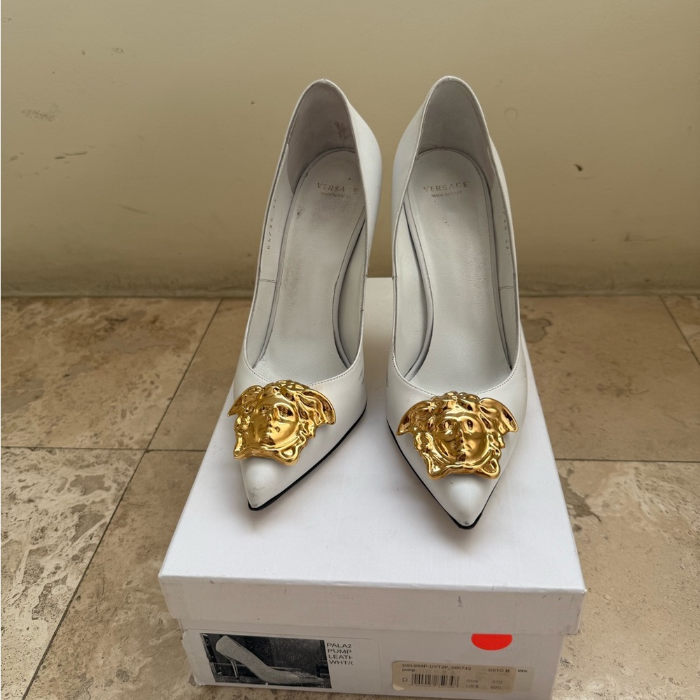 Versace Women's Heels in White with Gold Medusa Detail